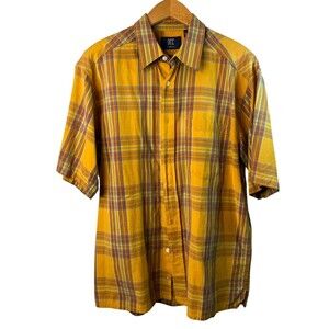 DCC Yellow Plaid Short Sleeve Button Front Cotton Shirt Mens Size Medium